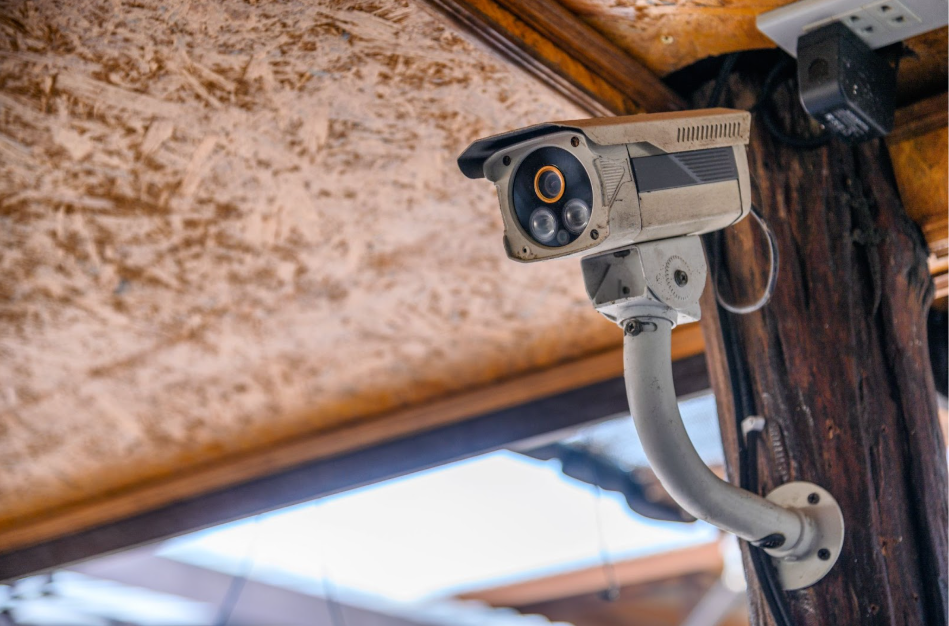A CCTV attached to a wood pole