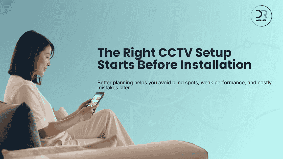 Dr. WiFi technician setting up a powerful mesh WiFi system in a luxury residential living room, with text: Don’t Just Buy a Router, Build a System.